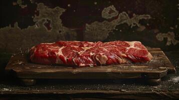 Rich Textures of Raw Steaks with Marbling on Wooden Board photo