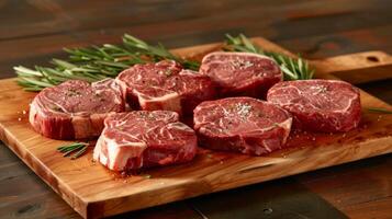 Black Angus Prime Steak Assortment on Wooden Board photo