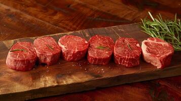Black Angus Prime Steak Assortment on Wooden Board photo
