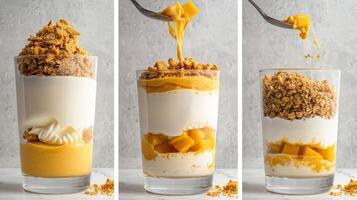 Layering Mango Yogurt with Crushed Graham Crackers photo