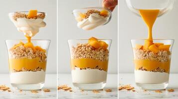Layering Mango Yogurt with Crushed Graham Crackers photo