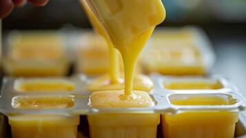 Pouring Mango Yogurt and Honey Mixture into Popsicle Molds photo