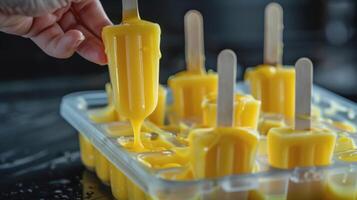 Pouring Mango Yogurt and Honey Mixture into Popsicle Molds photo