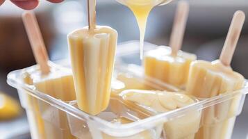 Pouring Mango Yogurt and Honey Mixture into Popsicle Molds photo