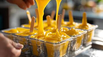Pouring Mango Yogurt and Honey Mixture into Popsicle Molds photo