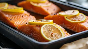 Fresh Salmon Fillets with Lemon Slices Ready for Baking photo