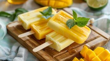 Finished Mango Yogurt and Honey Cheesecake Popsicles on Wooden Board photo