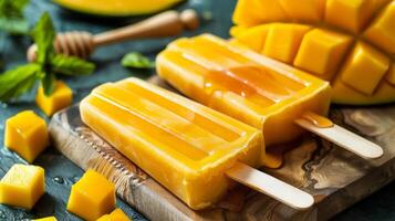Finished Mango Yogurt and Honey Cheesecake Popsicles on Wooden Board photo