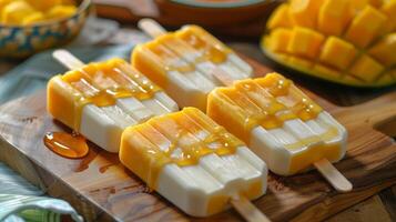 Finished Mango Yogurt and Honey Cheesecake Popsicles on Wooden Board photo
