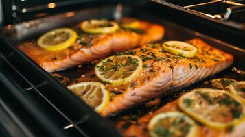 Baking Tray with Salmon and Lemon Slices Ready for the Oven photo
