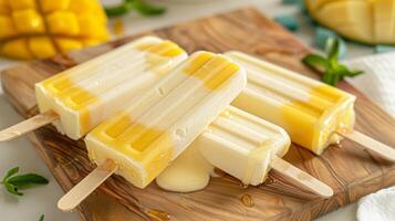 Finished Mango Yogurt and Honey Cheesecake Popsicles on Wooden Board photo