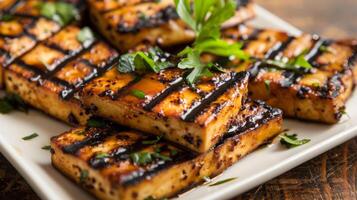 Perfectly Grilled Marinated Tofu with Charred Grill Marks photo