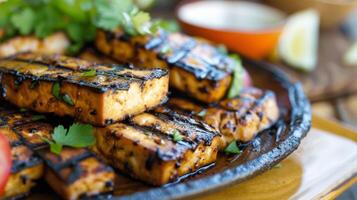 Perfectly Grilled Marinated Tofu with Charred Grill Marks photo
