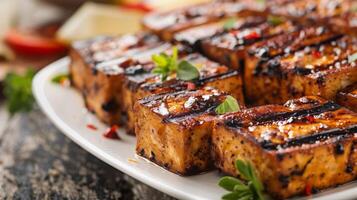 Perfectly Grilled Marinated Tofu with Charred Grill Marks photo