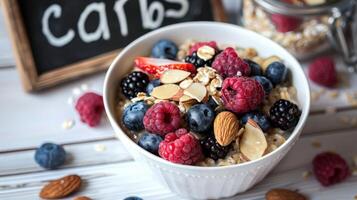 Cozy Bowl of Oatmeal with Fresh Berries and Nuts photo