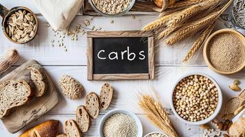 Flat Lay of Carbohydrate Sources on White Wooden Backdrop photo