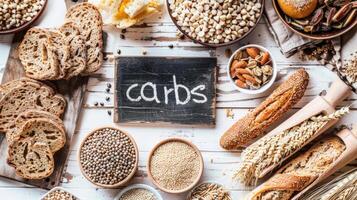 Flat Lay of Carbohydrate Sources on White Wooden Backdrop photo