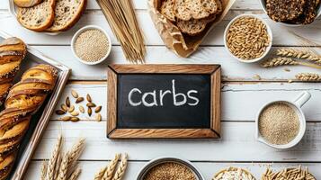 Flat Lay of Carbohydrate Sources on White Wooden Backdrop photo