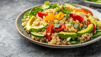 Hearty Quinoa and Avocado Salad on Gray Backdrop photo