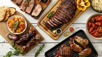 Vibrant Grilled Meats and Vegetables on White Wooden Table photo
