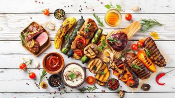 Artfully Arranged Grilled Meats and Vegetables on White Wooden Table photo
