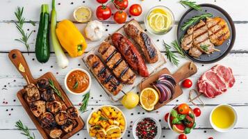 Artfully Arranged Grilled Meats and Vegetables on White Wooden Table photo