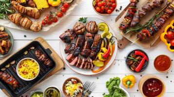 Vibrant Grilled Meats and Vegetables on White Wooden Table photo