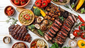 Picturesque Grilled Meats and Vegetables on White Wooden Table photo