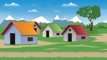Poor farmer village cartoon background of green meadows and surrounded by trees, ocean and mountains vector