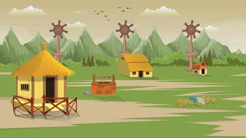 Village cartoon background evening illustration of green meadows and surrounded by trees, windmill fans and mountains vector