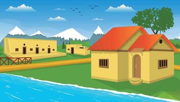 Poor farmer village cartoon background of green meadows and surrounded by trees, ocean and mountains vector