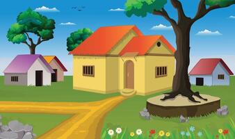 Poor farmer village cartoon background of green meadows and surrounded by trees, ocean and mountains vector
