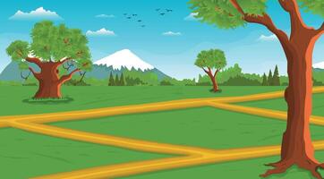 Poor farmer village cartoon background of green meadows and surrounded by trees, ocean and mountains vector