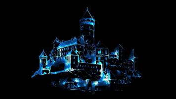 Neon- Rahmen bewirken spis Schloss, einer von das größten Schloss Komplexe im zentral Europa, Slowakei, glühen, schwarz Hintergrund. video