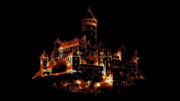 Neon- Rahmen bewirken spis Schloss, einer von das größten Schloss Komplexe im zentral Europa, Slowakei, glühen, schwarz Hintergrund. video