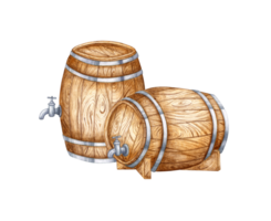 Two wooden barrels with a tap for beer, wine, cognac, rum, brandy and other alcoholic drinks watercolor illustration. Isolated from the background. Suitable interior design, menus, product packaging. png