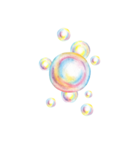 Soap bubbles of different sizes watercolor illustration. Soap foam, summer games, swimming, carnival, bubble party. Music notes background isolated. Ideal for art projects, children's books, png