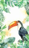 Tropical plants background. Watercolor frame with toucan. Exotic summertime background. vector