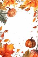 Fall season frame. Autumnal background with watercolor leaves and pumpkin. Greeting card or invitation vector