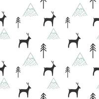 Monochrome seamless pattern with simple deer and mountains. Scandinavian abstract background vector