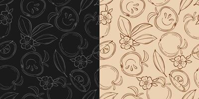 Set of black and beige seamless patterns with contour apples and slice apples. vector