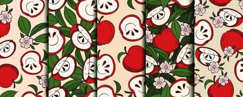Set of seamless patterns with red apples, apple slices, apple blossom, green leaves. Densely arrangement of elements. . Good for kitchen decoration vector