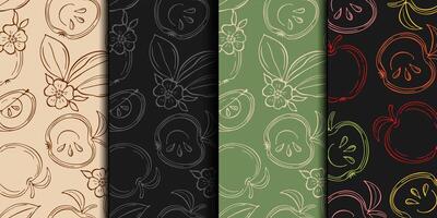 Set of simple seamless patterns with sketch apples and slice apples. vector