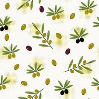 Seamless pattern with scattered olive berries, olive tree branch, bunch of olives, circular halftone shapes. For branding, decoration of food package, decorative print for kitchen vector