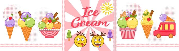 Set of ice cream objects, emoji in simple minimal style. Radial background with lace band, text and sun. vector