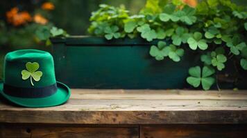 st patrick's day, green hat with shamrock on wooden table on shamrock background with space for text photo