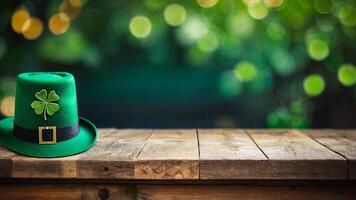green hat with shamrock on bokeh background with space for text photo