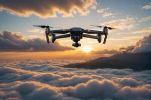 drone quadcopter in the clouds with sun rays photo