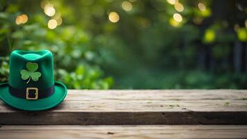 st patrick's day, green hat with shamrock on wooden table on bokeh background with space for text photo