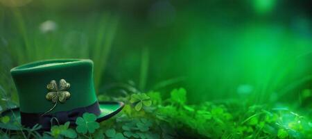 st patrick's day, green hat with shamrock in grass and clover on bokeh background photo